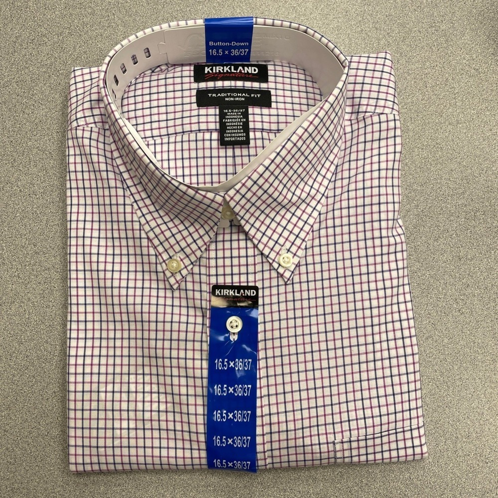 NEW Kirkland Signature Men's 16.5 Traditional Fit Button Down Dress Shirt Plaid